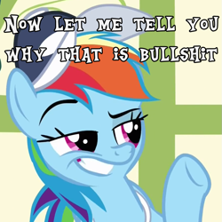 Size: 875x875 | Tagged: safe, rainbow dash, pegasus, pony, flight to the finish, season 4, dreamworks face, faic, image macro, meme, solo, vulgar