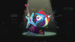 Size: 1280x720 | Tagged: safe, derpibooru import, screencap, rainbow dash, thunderbass, equestria girls, friendship through the ages, rainbow rocks, background human, devil horns, guitar, punk, rainbow punk, rock band