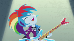 Size: 1280x720 | Tagged: safe, derpibooru import, screencap, rainbow dash, equestria girls, friendship through the ages, rainbow rocks, eyes closed, guitar, open mouth, rainbow punk, solo