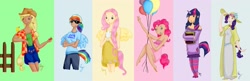 Size: 3543x1142 | Tagged: safe, artist:meiyoko, derpibooru import, applejack, fluttershy, pinkie pie, rainbow dash, rarity, twilight sparkle, cleavage, clothes, dress, female, horned humanization, humanized, mane six, skirt, tailed humanization, winged humanization