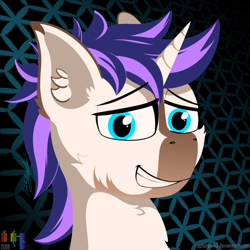 Size: 1500x1500 | Tagged: safe, artist:pedalspony, artist:raptorpwn3, oc, oc only, oc:psi, hybrid, pony, unicorn, cute, horn, lineless, male, pony hybrid, smiling, solo, stallion, stripes, teeth, zebra hybrid