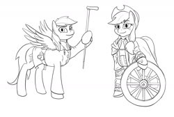 Size: 1849x1246 | Tagged: safe, artist:mistermech, derpibooru import, applejack, rainbow dash, earth pony, pegasus, pony, bloodborne, constable set, crossover, executioner set, logarius' wheel, monochrome, threaded cane, wheel