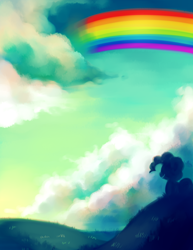 Size: 1024x1325 | Tagged: safe, artist:dhui, derpibooru import, pinkie pie, rainbow dash, earth pony, pegasus, pony, rainbow, scenery, silhouette, solo