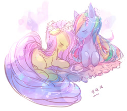 Size: 1000x874 | Tagged: safe, artist:odaefnyo, derpibooru import, fluttershy, rainbow dash, pegasus, pony, blushing, eyes closed, female, floppy ears, floral head wreath, flutterdash, lesbian, prone, shipping, snuggling