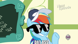 Size: 1280x720 | Tagged: safe, rainbow dash, pegasus, pony, flight to the finish, dat butt, hat, meme, solo, sunglasses