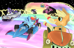 Size: 1800x1165 | Tagged: safe, artist:mxcoriginal, derpibooru import, applejack, fluttershy, pinkie pie, rainbow dash, rarity, twilight sparkle, earth pony, pegasus, pony, unicorn, crossover, mane six, mario kart, mario kart wii, nintendo, parody, racing, rainbow road, super mario bros.