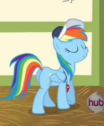 Size: 274x332 | Tagged: safe, screencap, rainbow dash, pegasus, pony, flight to the finish, female, hub logo, mare, plot, solo, whistle