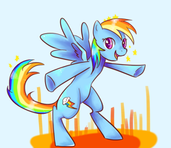 Size: 922x800 | Tagged: safe, artist:kemonomo, rainbow dash, pegasus, pony, abstract background, bipedal, dancing, female, looking at you, mare, open mouth, pixiv, simple background, smiling, solo, spread wings