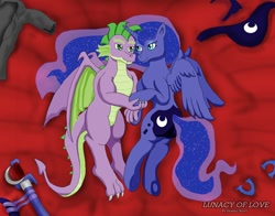 Size: 1008x792 | Tagged: safe, artist:sword-of-akasha, princess luna, spike, alicorn, dragon, pony, cute, fanfic in the description, female, horseshoes, lying down, male, mare, older, older spike, shipping, spiluna, straight, sword, weapon, winged spike