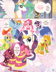 Size: 867x1106 | Tagged: safe, artist:akira himekawa, derpibooru import, applejack, fluttershy, pinkie pie, rainbow dash, rarity, twilight sparkle, earth pony, pegasus, pony, unicorn, clothes, dress, gala dress, mane six, manga, official, translation