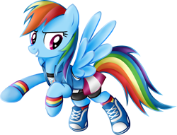 Size: 6333x4838 | Tagged: safe, artist:beamsaber, rainbow dash, pegasus, pony, absurd resolution, clothes, equestria girls outfit, female, mare, rainbow socks, shoes, simple background, sneakers, socks, solo, striped socks, sweatband, transparent background, wristband