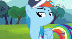 Size: 1397x768 | Tagged: safe, screencap, rainbow dash, pegasus, pony, flight to the finish, hat, hub logo, solo