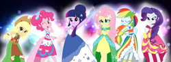 Size: 1600x583 | Tagged: safe, artist:haruliina, derpibooru import, applejack, fluttershy, pinkie pie, rainbow dash, rarity, twilight sparkle, equestria girls, the best night ever, clothes, dress, equestria girls-ified, gala dress, grand galloping gala, humane five, humane six, mane six, sparkles