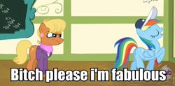 Size: 960x474 | Tagged: safe, ms. harshwhinny, rainbow dash, pegasus, pony, flight to the finish, bitch i'm fabulous, fabulous, image macro, vulgar