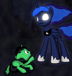 Size: 1646x1734 | Tagged: safe, artist:anon3mous1, princess luna, oc, oc:anon filly, alicorn, pony, unicorn, fanfic:trust once lost, blank flank, female, filly, glowing eyes, mare, scared, self insert