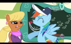 Size: 638x396 | Tagged: safe, ms. harshwhinny, rainbow dash, pegasus, pony, flight to the finish, blowing, chalkboard, classroom, coach, ponyville schoolhouse, whistle