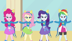 Size: 1280x720 | Tagged: safe, derpibooru import, screencap, fluttershy, pinkie pie, rainbow dash, rarity, equestria girls