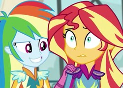 Size: 349x251 | Tagged: safe, derpibooru import, edit, rainbow dash, sunset shimmer, equestria girls, friendship games, cropped, grin