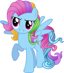 Size: 5655x6500 | Tagged: dead source, safe, artist:theshadowstone, rainbow dash, rainbow dash (g3), g3, absurd resolution, alternate hairstyle, fusion, rainbow dash always dresses in style, raised hoof, simple background, solo, spread wings, transparent background, vector