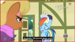 Size: 639x357 | Tagged: safe, screencap, ms. harshwhinny, rainbow dash, pegasus, pony, flight to the finish, hat, meme, youtube caption