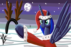 Size: 2048x1365 | Tagged: safe, artist:platinumdrop, princess luna, alicorn, pony, christmas, clothes, costume, holiday, moon, night, santa costume, solo, winter