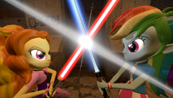 Size: 1280x720 | Tagged: safe, artist:kombatantchampion, derpibooru import, adagio dazzle, rainbow dash, equestria girls, rainbow rocks, 3d, angry, lens flare, lightsaber, source filmmaker, standoff, star wars, weapon