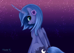 Size: 4500x3250 | Tagged: safe, artist:darksly, princess luna, alicorn, pony, cute, female, filly, flower, flower in hair, looking at you, looking back, lunabetes, smiling, solo, stars, woona, younger