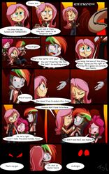 Size: 1024x1638 | Tagged: safe, artist:fj-c, derpibooru import, fluttershy, pinkie pie, rainbow dash, equestria girls, belly button, clothes, comic, dialogue, fantasy equestria, midriff, scar