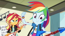 Size: 1280x720 | Tagged: safe, derpibooru import, screencap, rainbow dash, sunset shimmer, equestria girls, friendship games, guitar, lidded eyes