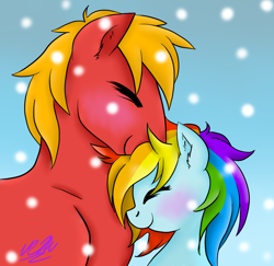 Size: 958x933 | Tagged: safe, artist:tomcolt15, derpibooru import, big macintosh, rainbow dash, earth pony, pegasus, pony, cuddling, eyes closed, male, rainbowmac, shipping, snow, snowfall, snuggling, stallion, straight