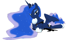 Size: 1280x720 | Tagged: safe, artist:wynnchi, princess luna, alicorn, pony, 3d, ethereal mane, female, hoof shoes, lying down, mare, peytral, simple background, solo, starry mane, transparent background