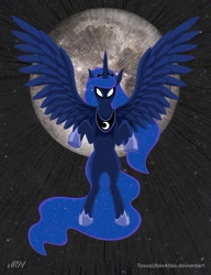 Size: 720x937 | Tagged: safe, artist:texasuberalles, princess luna, alicorn, pony, ethereal mane, female, flying, glowing eyes, jewelry, lineless, mare, moon, regalia, solo, spread wings, wings