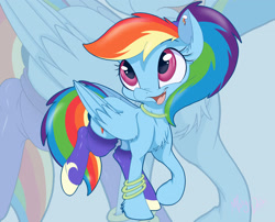 Size: 2948x2381 | Tagged: safe, artist:mistydash, derpibooru import, rainbow dash, pegasus, pony, alternate hairstyle, chest fluff, clothes, female, mare, open mouth, raised hoof, smiling, socks, solo