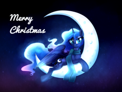 Size: 2568x1945 | Tagged: safe, artist:confetticakez, princess luna, alicorn, pony, christmas, clothes, cute, ethereal mane, female, holiday, lunabetes, mare, moon, night, night sky, scarf, sky, solo, space, stars, tangible heavenly object, text