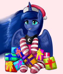 Size: 1800x2100 | Tagged: safe, artist:dukevonkessel, princess luna, alicorn, pony, christmas, clothes, cute, female, hat, holiday, lunabetes, mare, pink background, present, santa hat, simple background, sitting, socks, solo, striped socks