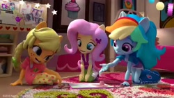 Size: 640x360 | Tagged: safe, derpibooru import, screencap, applejack, fluttershy, rainbow dash, equestria girls, clothes, doll, equestria girls minis, pajamas, toy