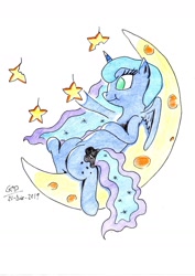 Size: 1024x1447 | Tagged: safe, artist:gafelpoez, princess luna, alicorn, pony, crescent moon, female, mare, moon, queen (band), solo, tangible heavenly object, traditional art, transparent moon