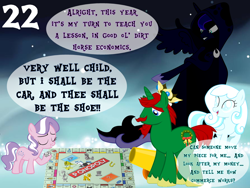 Size: 1024x768 | Tagged: safe, artist:bronybyexception, diamond tiara, discord, fancypants, princess luna, winona, oc, oc:snowdrop, alicorn, earth pony, pegasus, pony, unicorn, a christmas carol, advent calendar, blind, cannon, car, charles dickens, cloak, clothes, crown, dice, ghost of christmas past, ghost of christmas present, ghost of christmas yet to come, hat, horseshoes, jewelry, lamp, monopoly, parody, regalia, ship, top hat, twimobile