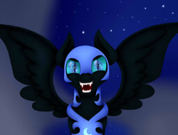 Size: 1811x1377 | Tagged: safe, artist:milenamelody, nightmare moon, princess luna, alicorn, pony, abstract background, crying, duality, duo, ethereal mane, fangs, female, jewelry, looking at you, mare, missing horn, open mouth, regalia, speedpaint available, spread wings, starry mane, trapped, wings