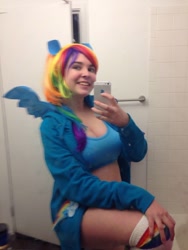 Size: 720x960 | Tagged: safe, artist:lochlan o'neil, rainbow dash, human, cleavage, clothes, cosplay, female, irl, irl human, jacket, midriff, photo, selfie, shorts, socks, solo, sports bra, sports jacket, sports shorts