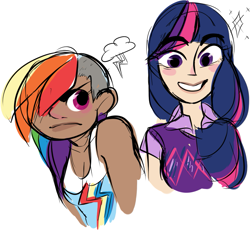 Size: 853x786 | Tagged: safe, artist:moobuttt, rainbow dash, twilight sparkle, human, clothes, dark skin, humanized, light skin, undercut, vest