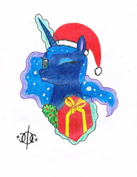 Size: 1123x1447 | Tagged: safe, artist:assertiveshypony, princess luna, alicorn, pony, christmas, christmas wreath, drawing, gif, hat, holiday, looking at you, magic, one eye closed, santa hat, simple background, smiling at you, solo, traditional art, white background, wreath