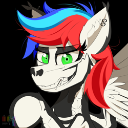 Size: 3035x3035 | Tagged: safe, artist:pedalspony, oc, oc only, oc:pedals, pegasus, pony, bodypaint, bone, clothes, costume, ear piercing, eyeshadow, fangs, grin, halloween, holiday, looking at you, makeup, piercing, skeleton, skeleton costume, skull, smiling, spooky, teeth, wings