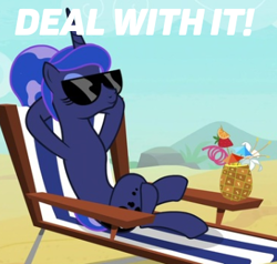 Size: 348x331 | Tagged: safe, edit, edited screencap, screencap, princess luna, alicorn, pony, between dark and dawn, alternate hairstyle, barehoof, beach, beach chair, caption, cropped, crossed legs, deal with it, drink, eyelashes, eyes closed, eyeshadow, female, hair bun, hooves behind head, image macro, makeup, mare, meme, reclining, relaxing, sitting, smiling, solo, sunglasses, tail bun, text, we don't normally wear clothes