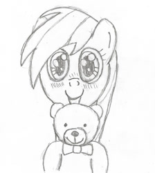 Size: 936x1044 | Tagged: safe, rainbow dash, pegasus, pony, monochrome, sketch, smiling, solo, teddy bear