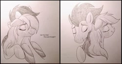 Size: 1024x543 | Tagged: safe, artist:miesmauz, rainbow dash, soarin', pegasus, pony, female, male, shipping, soarindash, straight, traditional art