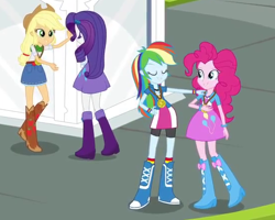 Size: 550x440 | Tagged: safe, derpibooru import, screencap, applejack, pinkie pie, rainbow dash, rarity, equestria girls, friendship games, balloon, boots, clothes, cowboy boots, high heel boots, jewelry, skirt