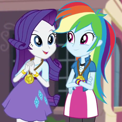 Size: 470x470 | Tagged: safe, derpibooru import, screencap, rainbow dash, rarity, equestria girls, friendship games, cropped