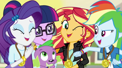 Size: 1100x619 | Tagged: safe, derpibooru import, screencap, rainbow dash, rarity, sci-twi, spike, spike the regular dog, sunset shimmer, twilight sparkle, dog, equestria girls, friendship games, medal