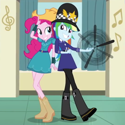 Size: 542x542 | Tagged: safe, derpibooru import, screencap, pinkie pie, rainbow dash, equestria girls, friendship games, back to back, cropped, farmer pinkie, police uniform, rozzer dash